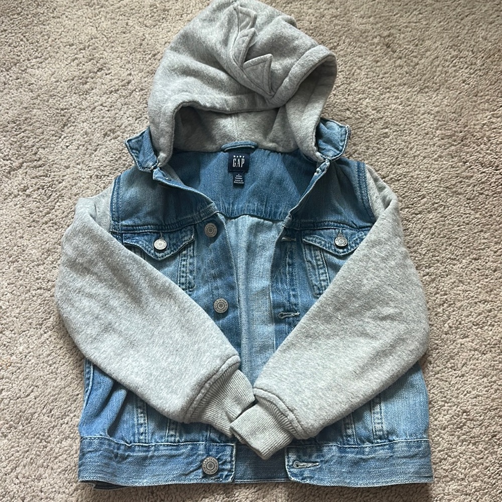 5T Jean Jacket with Sweatshirt Sleeves and Dino detail on hood